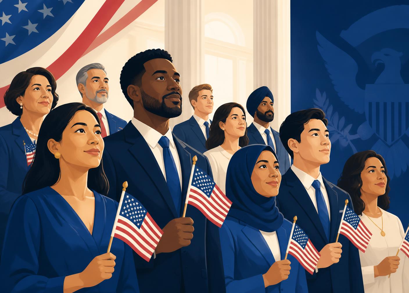 New American citizens holding small United States flags at a naturalization ceremony